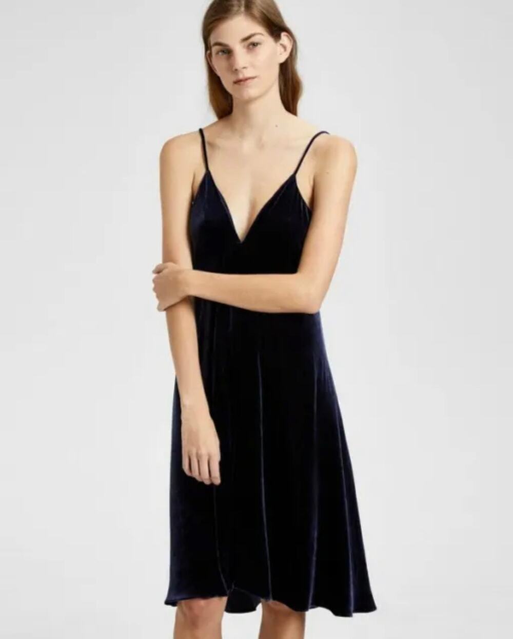 Theory Draped Slip Cami Dress Crinkle Velvet Silk Blend Navy Blue Size 2
